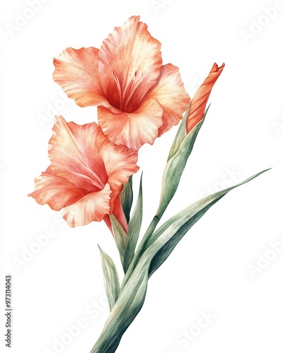 Delicate peach gladiolus flowers with green stems against a white background.