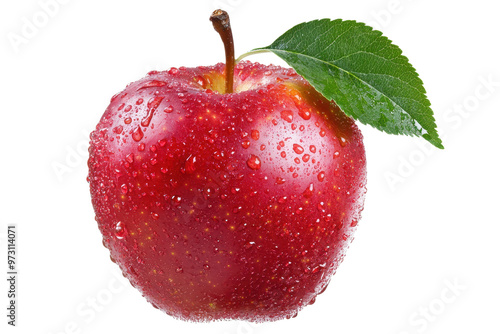Fresh red apple with water droplets and a green leaf on a transparent background. Perfect for healthy eating and fruit-related content.