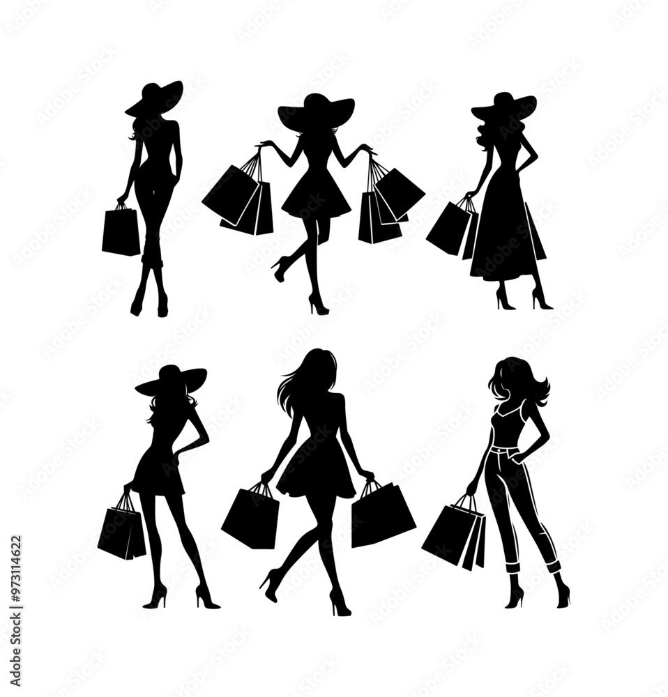 Collection of stylish women silhouettes, elegant and fashionable young females with shopping bags Collection of stylish women silhouettes, elegant and fashionable young females with shopping bags