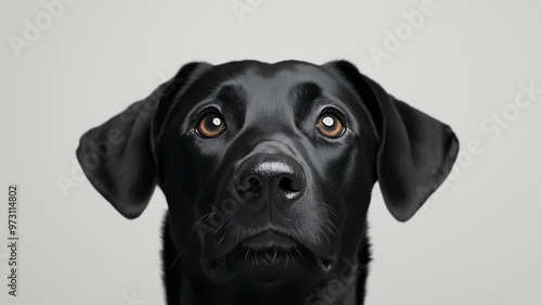 Close-up of a black dog intense stare, minimalistic charcoal sketch on a white background, sharp details, evoking feelings of strength and focus photo