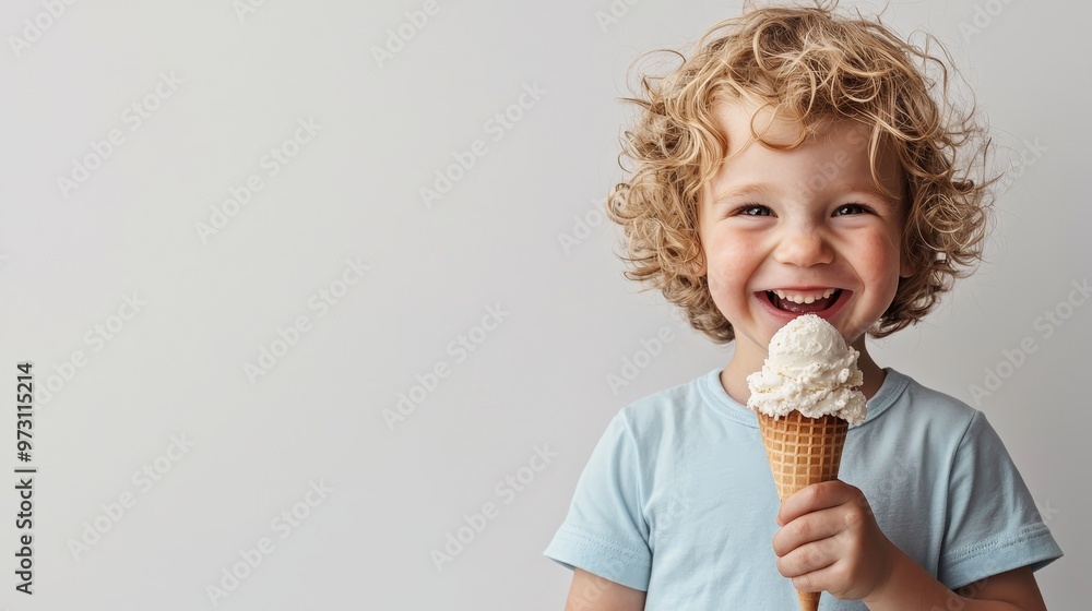 Little Boys Joy A closeup shot of a boy with curly blonde hair a bright smile and a melting ice cream cone in his hand against a plain white backdrop Little Boys Joy A closeup shot of a boy with curly blonde hair a bright smile and a melting ice cream cone in his hand against a plain white backdrop