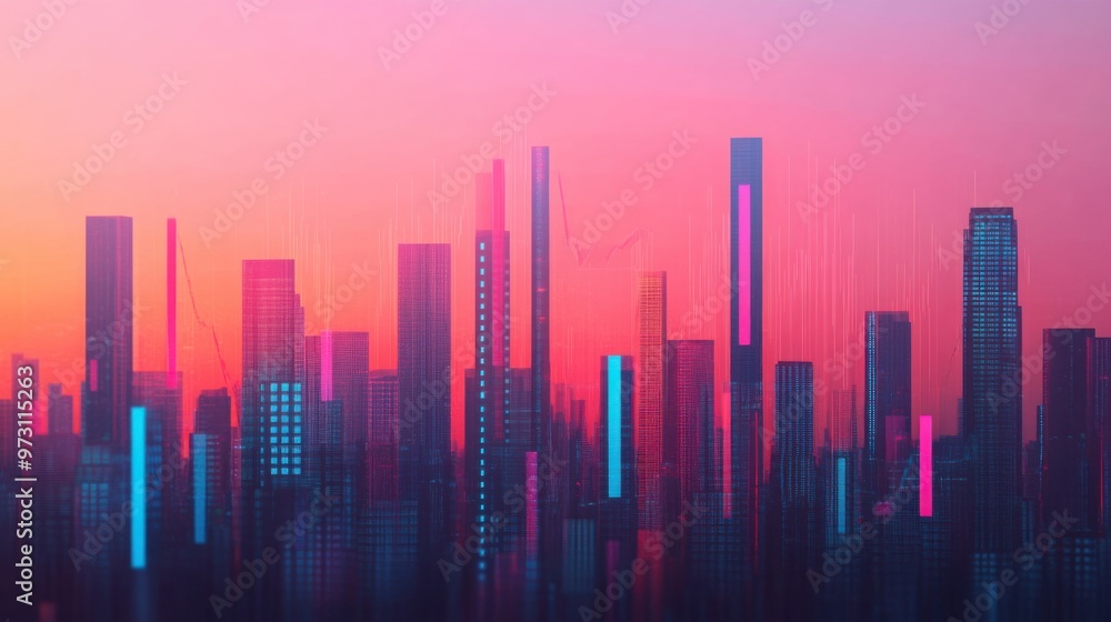 Futuristic cityscape with savings bars rising, digital graphs of projected interest rates in the sky, [urban savings], [interest forecast]