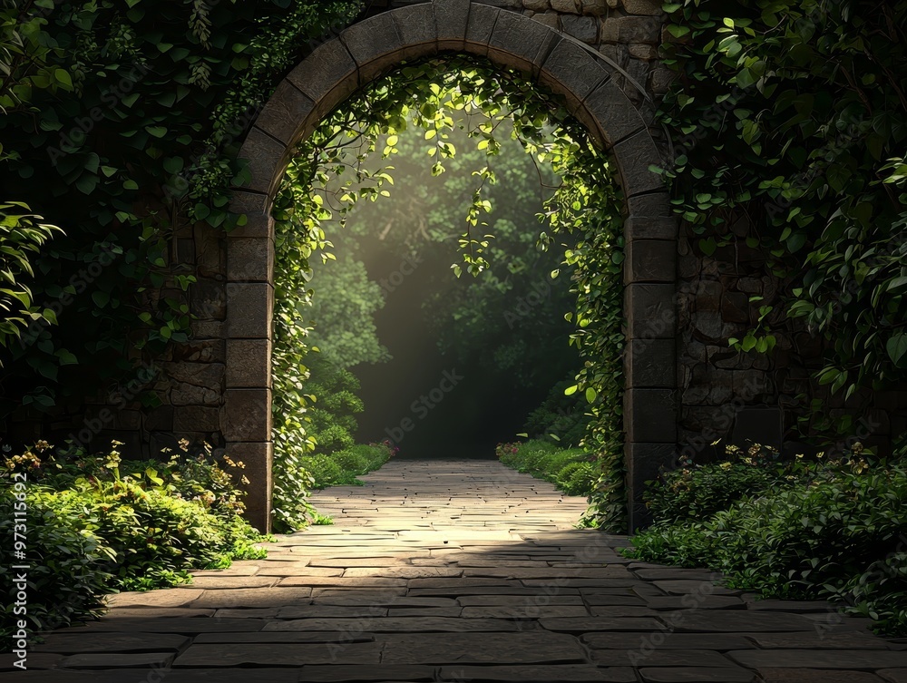Stone Archway Leading to a Sunlit Path Through a Lush Garden Perspective Low Angle Composition Rule of Thirds Image Details Stone archway ivycovered wall cobblestone path sun rays Stone Archway Leading to a Sunlit Path Through a Lush Garden Perspective Low Angle Composition Rule of Thirds Image Details Stone archway ivycovered wall cobblestone path sun rays