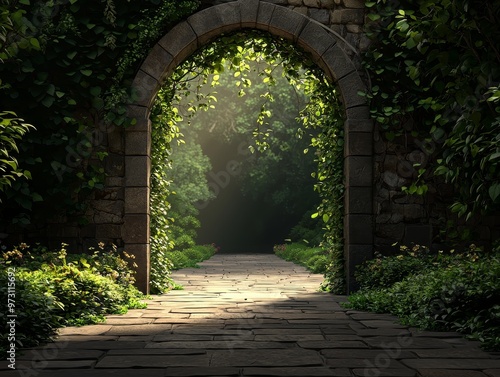 Stone Archway Leading to a Sunlit Path Through a Lush Garden Perspective Low Angle Composition Rule of Thirds Image Details Stone archway ivycovered wall cobblestone path sun rays photo