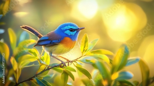 A vibrant blue and orange Superb Fairy-wren bird perched on the edge of an elegant