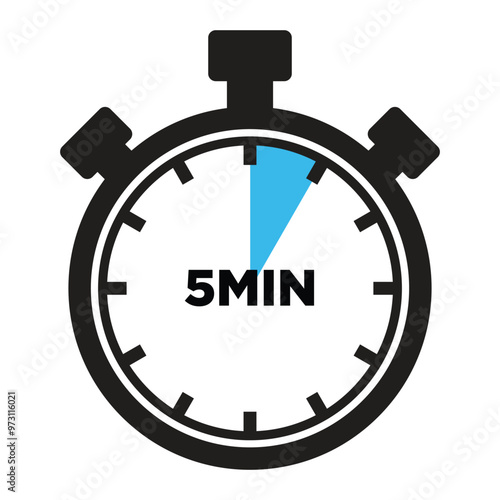 5 Minutes Timer Icon, Modern Flat Design. Clock, Stopwatch, Chronometer Showing five Minutes Label. Cooking time, Countdown Indication.