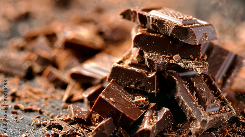 Dark chocolate crushed bars on wooden table Dark chocolate crushed bars on wooden table