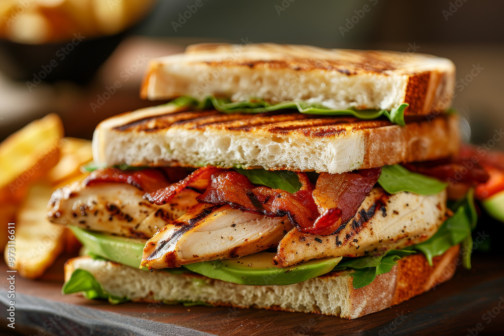 A sandwich with bacon and chicken on it is sitting on a wooden cutting board A sandwich with bacon and chicken on it is sitting on a wooden cutting board