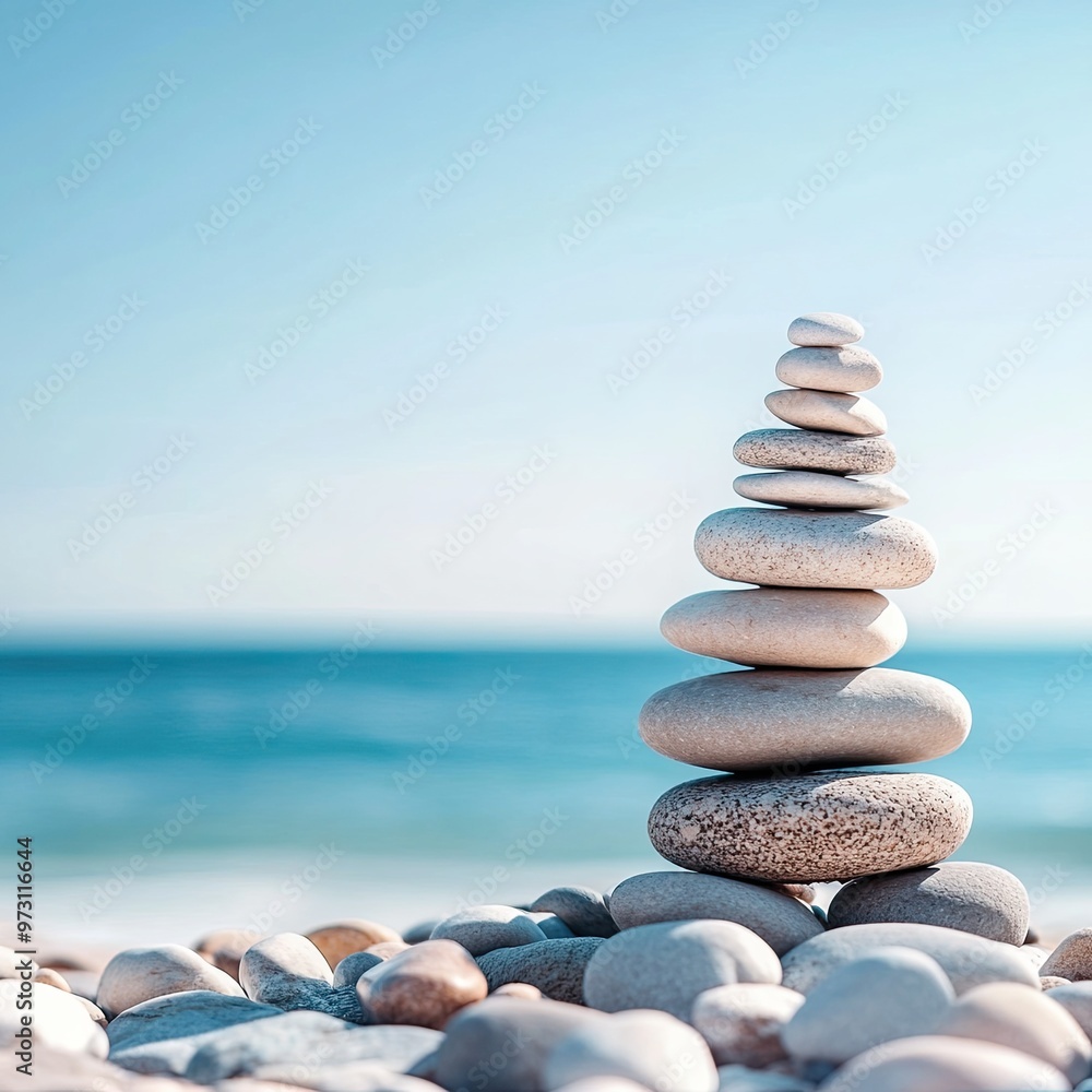 Serene Stacked Stones Against a Coastal Background Serene Stacked Stones Against a Coastal Background