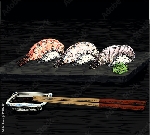 mantis shrimp, tiger prawn shrimp,botan shrimp luxury sushi dinneron big lava plate  dark delicious food asian japanees restaurant dish draw linear illustration isolated on white background