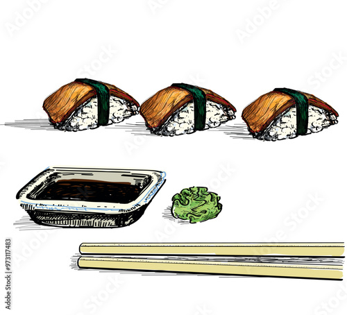 anago sushi delicious with wasabi ginger and soy souce  food asian japanees restaurant dish draw linear illustration isolated on white background