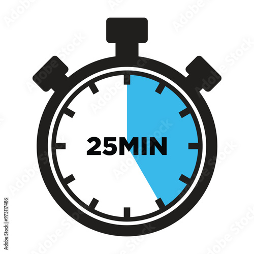 25 Minutes Timer Icon, Modern Flat Design. Clock, Stopwatch, Chronometer Showing twenty five Minutes Label. Cooking time, Countdown Indication.