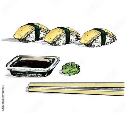 tamago egg roll sushi delicious with wasabi ginger and soy souce  food asian japanees restaurant dish draw linear illustration isolated on white background
