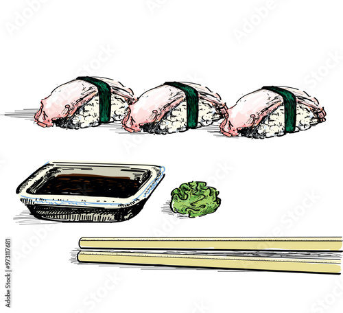 tako octopus sushi delicious with wasabi ginger and soy souce  food asian japanees restaurant dish draw linear illustration isolated on white background