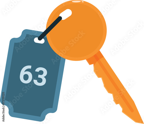 Orange metal key with key fob holding a key to room number sixty three