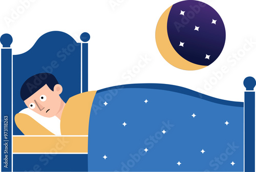 Young man unable to sleep lying awake and thinking with eyes open at night in bedroom. Insomnia vector illustration