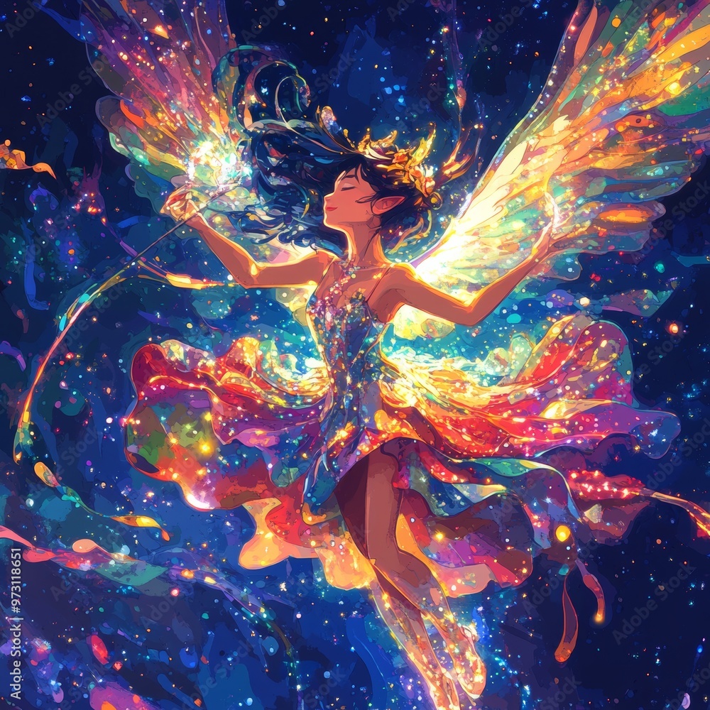 Fantasy Woman with Sparkling Wings in Cosmic Landscape Fantasy Woman with Sparkling Wings in Cosmic Landscape