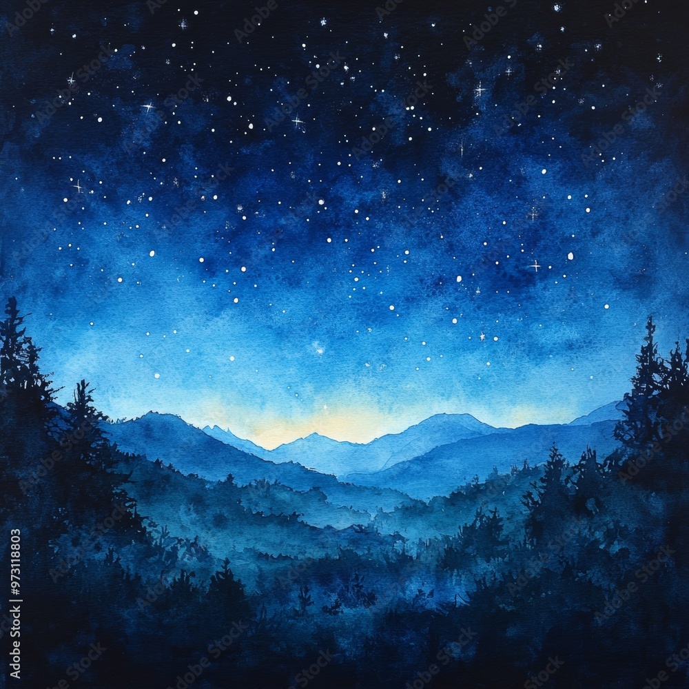 Fototapeta premium Watercolor Night Sky with Mountains and Stars
