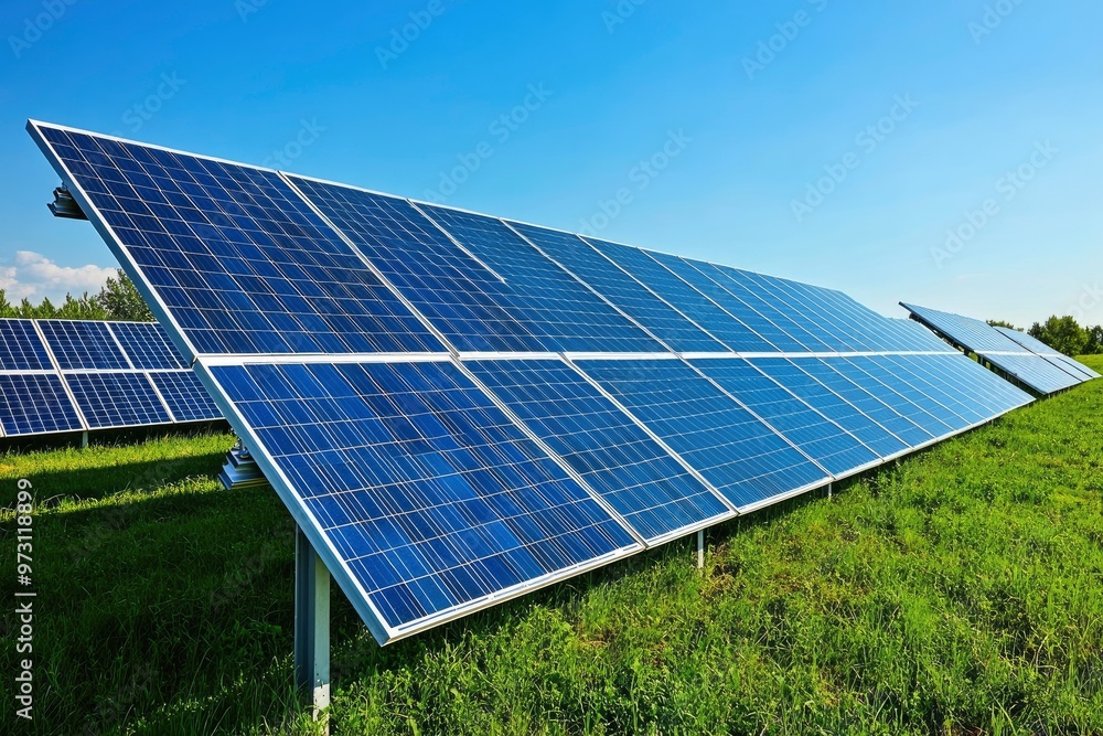 Array Of Solar Panels With Blue Sky And Sunlight Reflection- Clean Energy Concept with generative ai Array Of Solar Panels With Blue Sky And Sunlight Reflection- Clean Energy Concept with generative ai