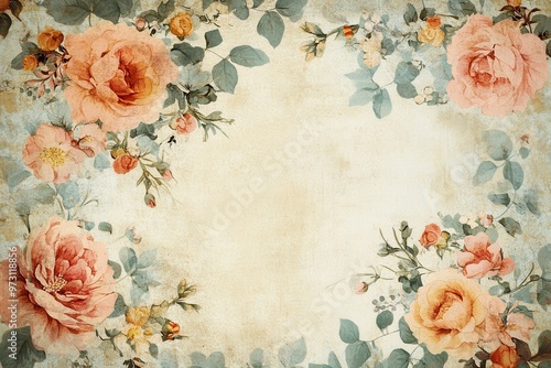 Wallpaper Mural Vintage Floral Border with Peach Roses and Green Leaves on a Grunge Background Torontodigital.ca