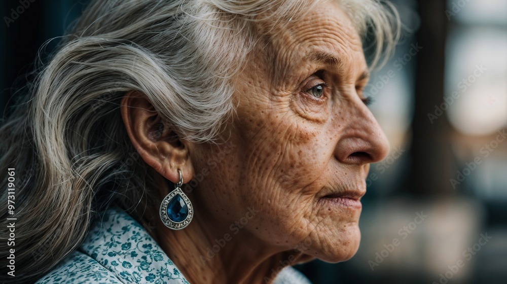 Close-up of older woman's ear with gray hair in indoor environment. Close-up of older woman's ear with gray hair in indoor environment.