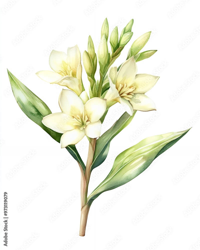 Obraz premium Delicate white flowers with green leaves on a white background.