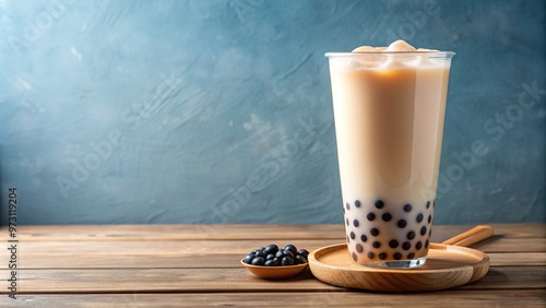 refreshing milk bubble tea with chewy tapioca pearls., refreshment, tapioca pearls, milk tea, bubble tea, drink photo