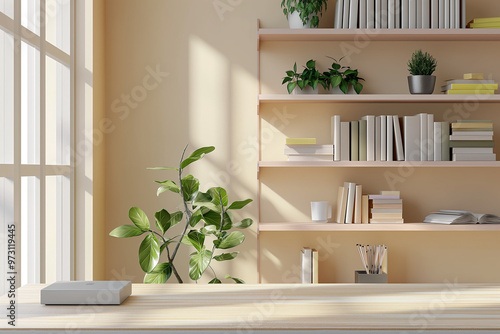 Office interior backdrop for online meetings. Light home office setting bookshelves background. Minimalist online workspace aesthetics. Video conferencing room design in pastel tones.