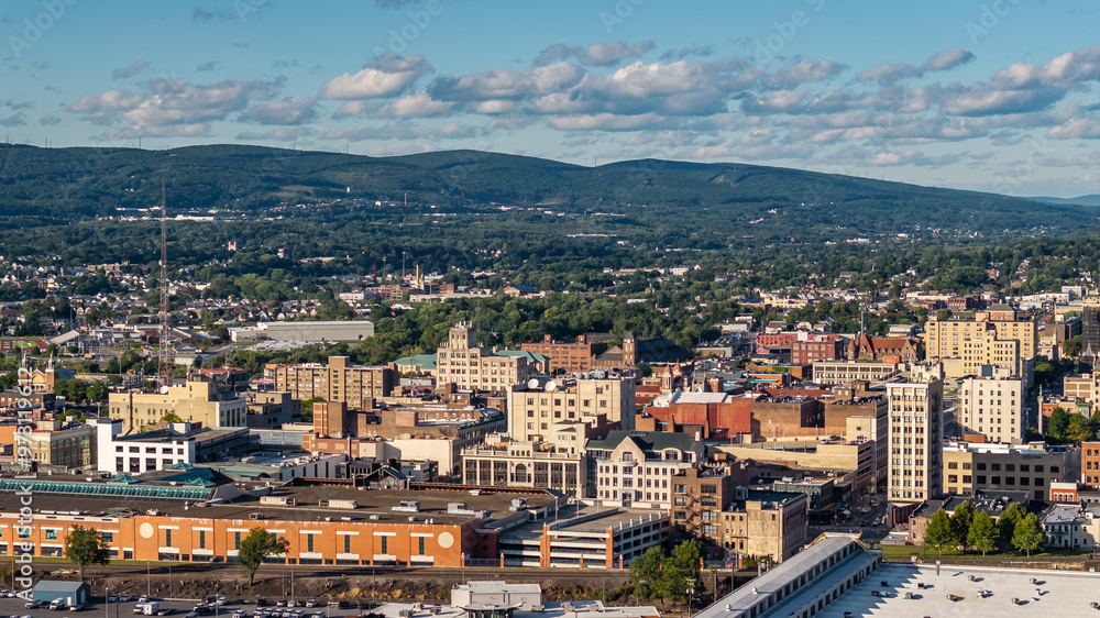 Fototapeta premium Late summer, early fall aerial, drone, photo of the Scranton Pennsylvania skyline. September 2024.