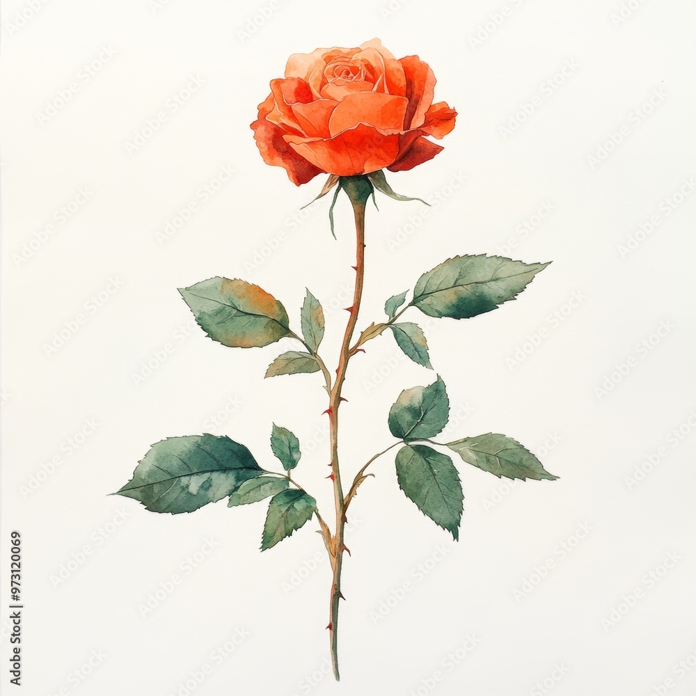 Fototapeta premium Watercolor Painting of a Single Orange Rose with Stem and Leaves