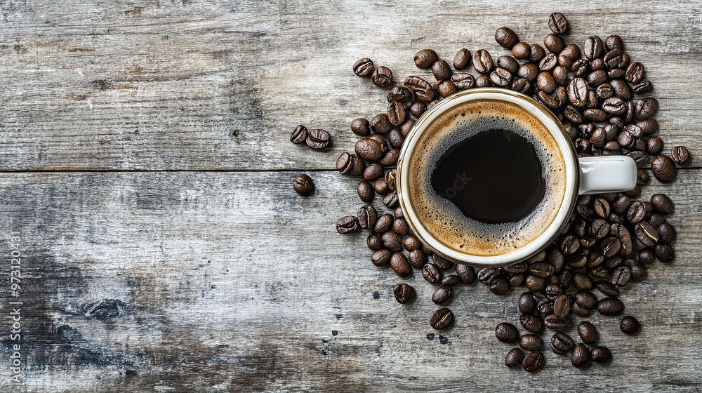 Freshly Brewed Coffee with Roasted Beans on Wooden Table Freshly Brewed Coffee with Roasted Beans on Wooden Table