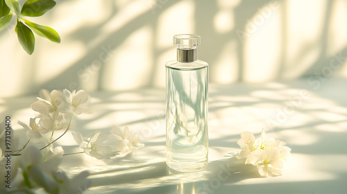 glass bottle of skincare essence water reflecting and refracting soft afternoon light, casting subtle shadows and highlighting