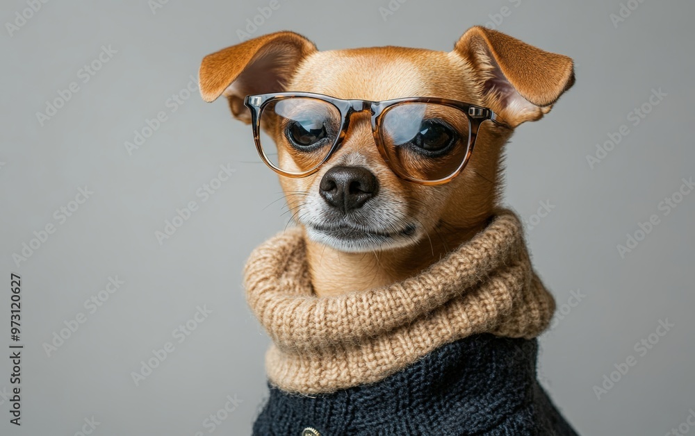 Fototapeta premium Dog in sunglasses stylish and fashionable clothes fashionable look dog isolated on clear gray background photo