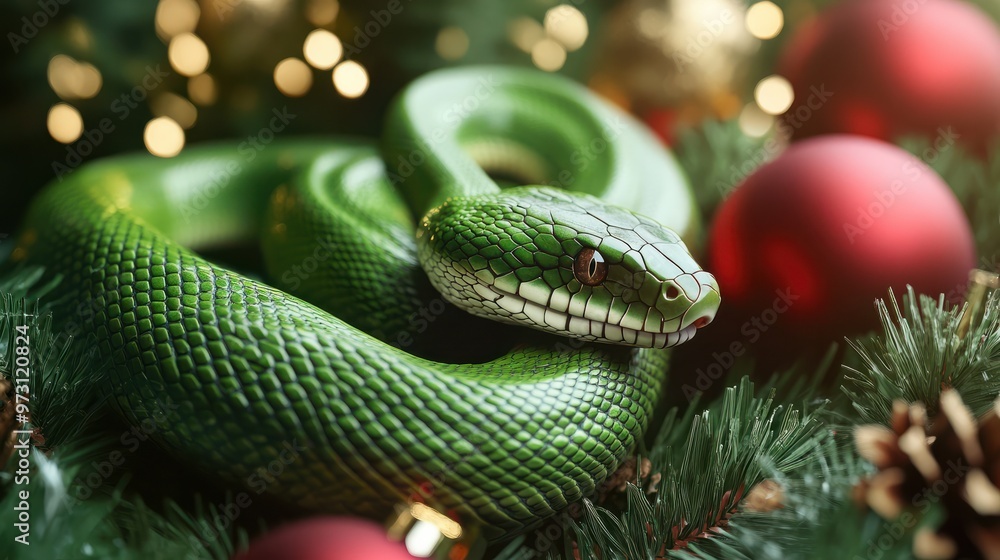 Green snake curled around Christmas decorations, creating a luxurious and festive holiday atmosphere. Green snake curled around Christmas decorations, creating a luxurious and festive holiday atmosphere.