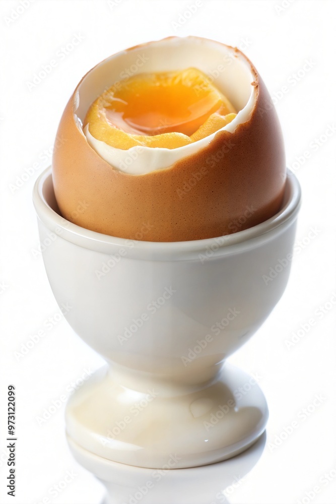 Soft-boiled egg in an egg cup with a perfectly runny yolk on a white background
Soft-boiled egg in an egg cup with a perfectly runny yolk on a white background