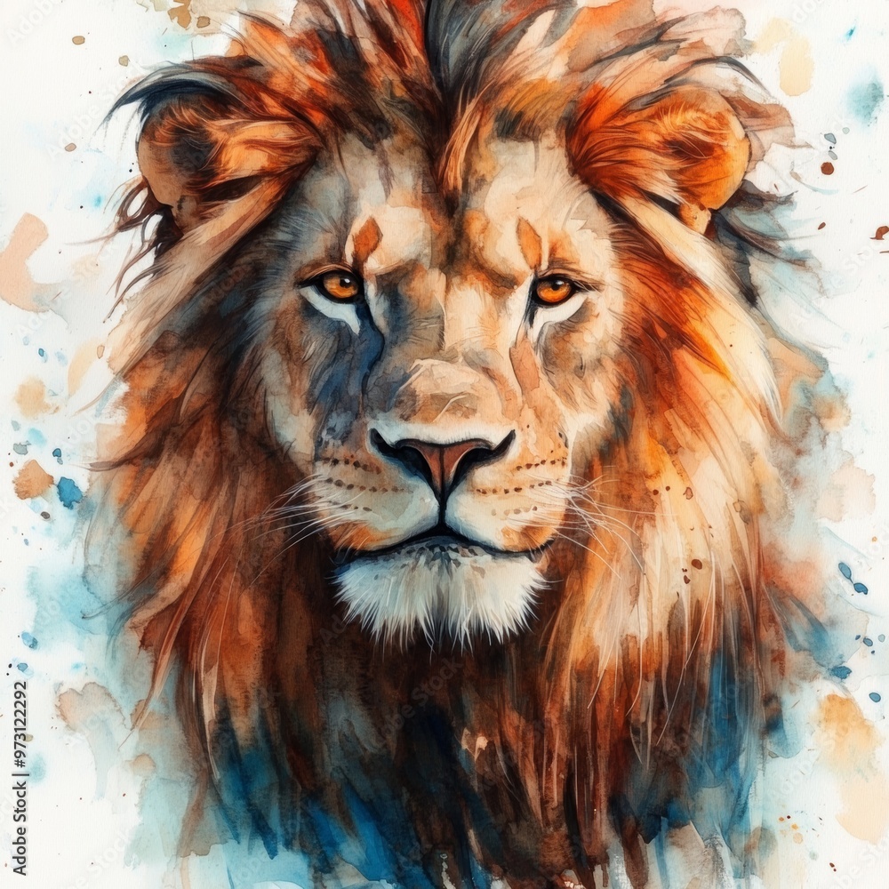 Fototapeta Watercolor Painting of Lion Portrait with Blue and Brown Splashes