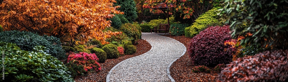 Fototapeta premium A winding gravel path leads through an autumnal garden framed by lush foliage and a solitary bench