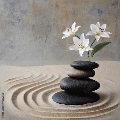 Tranquil Zen Garden with Stones and Lilies