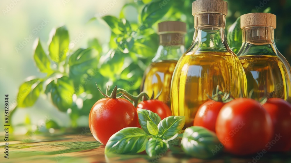 Olive oil. Basil. Tomatoes. An advertising illustration. Olive oil. Basil. Tomatoes. An advertising illustration.