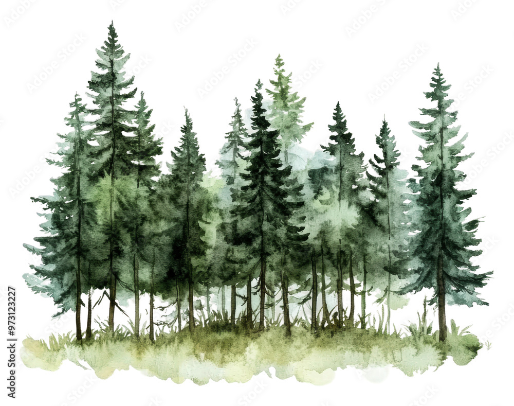 Fototapeta premium PNG Lush green forest with tall pine trees at dawn