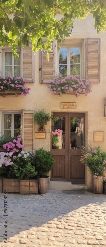 Fototapeta premium Vintage Rustic Shop House Front with Flower Boxes and Wooden Shutters in Daytime Nostalgic Charm and Modern Living Blend