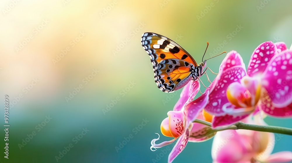 Fototapeta premium A butterfly perched on the edge of a vibrant orchid, its wings illuminated by sunlight orchid, butterfly, botanical harmony