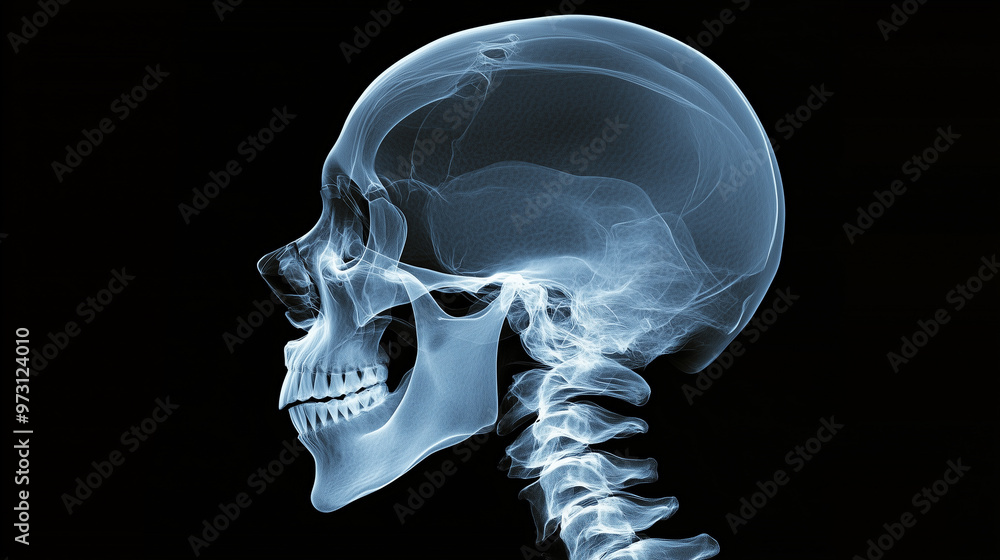 X-ray image of a skull against a black background, medical photography focused on the head and neck area. Side view, Generative AI X-ray image of a skull against a black background, medical photography focused on the head and neck area. Side view, Generative AI