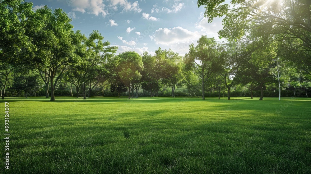 Naklejka premium A large, lush green field with trees in the background
