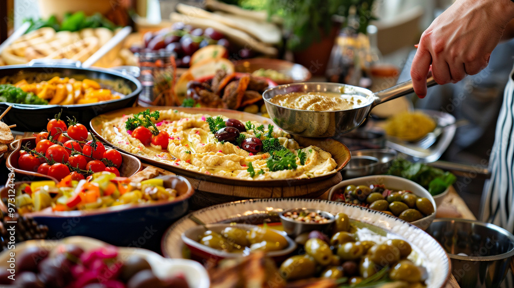Obraz premium A buffet table filled with Mediterranean dishes, with a person serving themselves hummus, pita bread, falafel, and olives from a colorful spread.