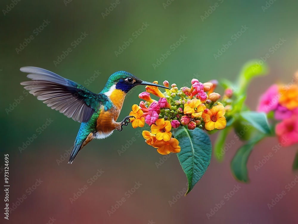 Fototapeta premium A pair of hummingbirds drinking nectar from brightly colored flowers in a tropical garden hummingbirds, wildlife, botanical garden