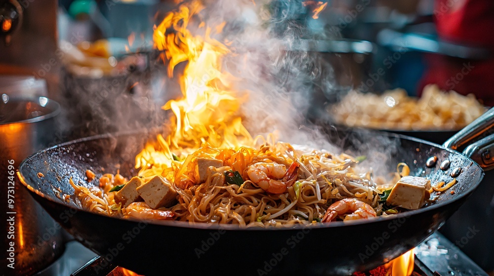 A dynamic image capturing the process of stir-frying Pad Thai noodles, showcasing movement and vibrant ingredients in a kitchen setting. A dynamic image capturing the process of stir-frying Pad Thai noodles, showcasing movement and vibrant ingredients in a kitchen setting.