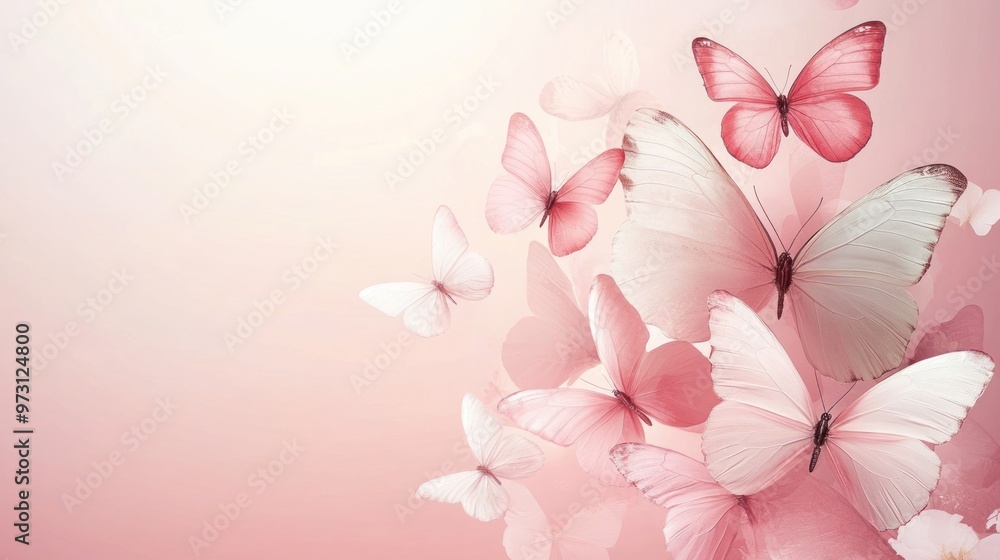 Pink and White Butterflies in Flight on Soft Pastel Background - Elegant pink and white butterflies gracefully flying over a pastel pink background. Perfect for feminine and decorative designs. Pink and White Butterflies in Flight on Soft Pastel Background - Elegant pink and white butterflies gracefully flying over a pastel pink background. Perfect for feminine and decorative designs.