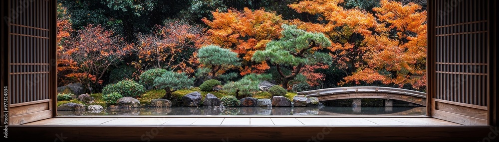 Autumn Tranquility A View Through a Japanese Window Framed by wooden lattice a pond reflects vibrant foliage and a small bridge