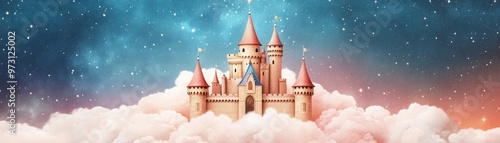 Fantasy snowflake castle floating in the clouds, surrounded by twinkling stars and festive colors. [Whimsical castle, Christmas snowflake magic, holiday wallpaper]